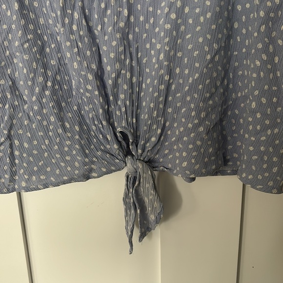 Light blue polka dot rayon blouse with ruffled sleeves, Ophelia Flutter Sleeve - Picture 3 of 3